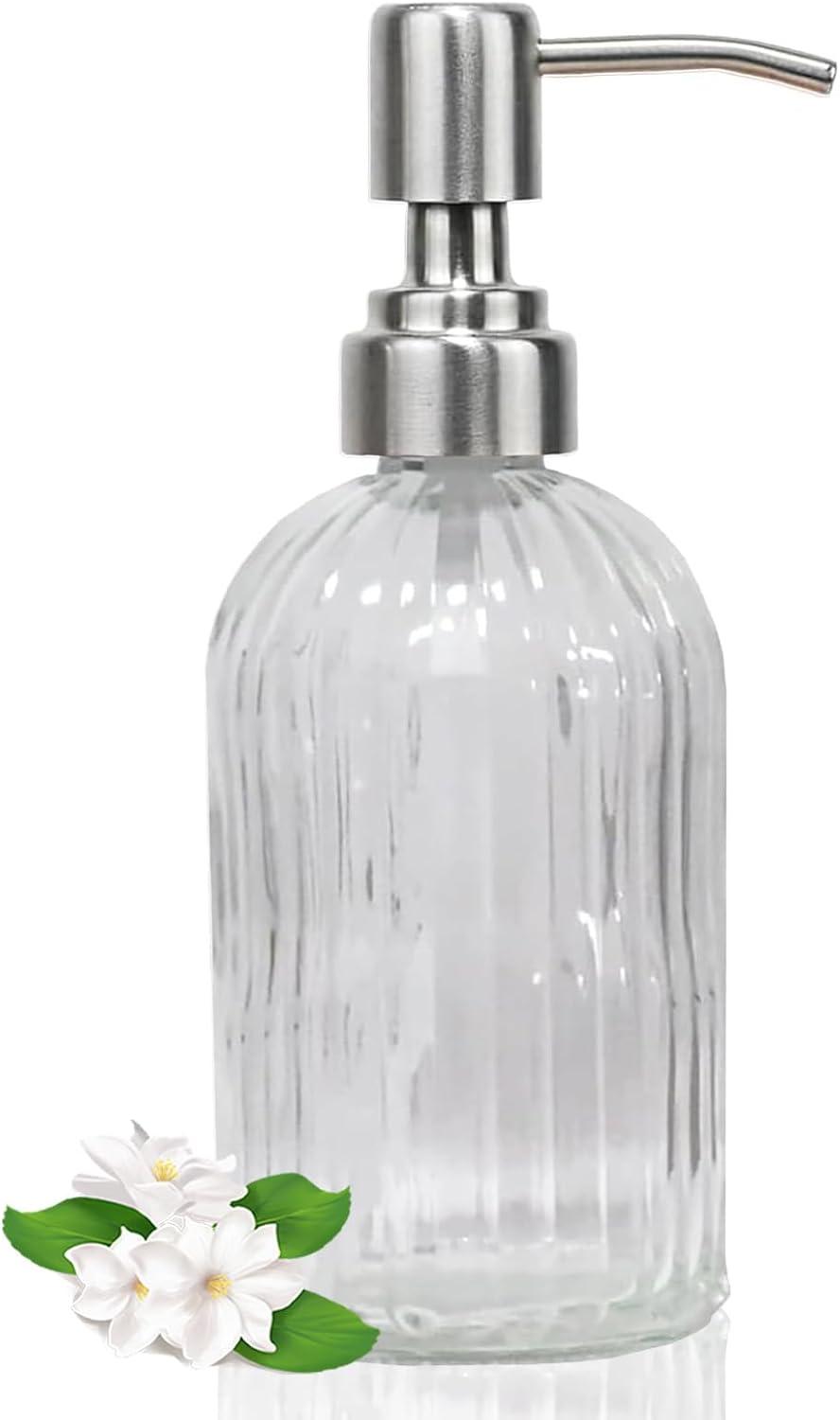 14Oz Clear Soap Dispenser Bathroom, Glass Hand Soap Dispensers with Stainless Steel Pump, Refillable Dish Soap Dispenser for Kitchen, Countertop Soap Dispensers