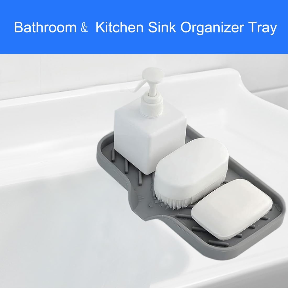 Sponge Holder for Kitchen Sink, Silicone Sponge Dish Tray with Drain Spout, Soap Dispenser Holder for Shower Bathroom (Grey, 9.8" x 4.9")