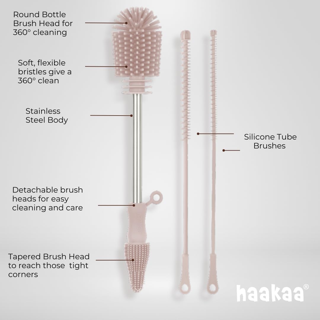 Haakaa Silicone Cleaning Brush Kit – Household Cleaning Brushes for Bottles and Crevices – Food-Grade Silicone: Dishwasher Safe (Kit-Grey)