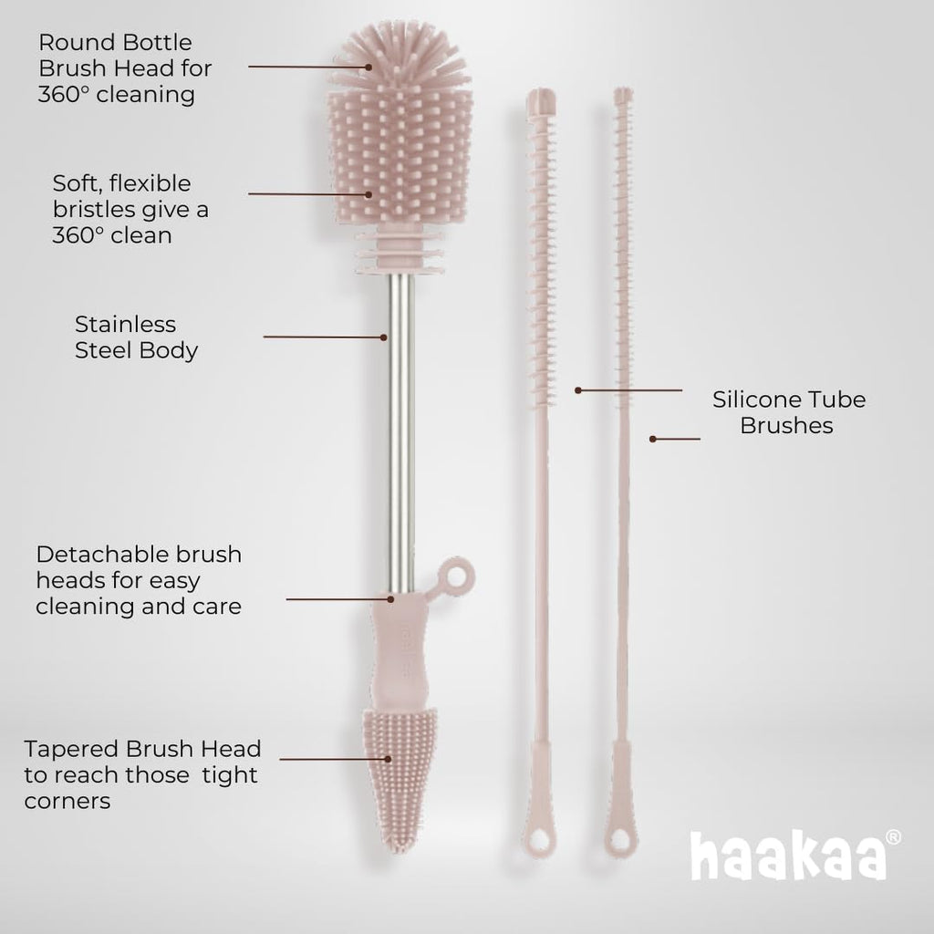Haakaa Silicone Cleaning Brush Kit – Household Cleaning Brushes for Bottles and Crevices – Food-Grade Silicone: Dishwasher Safe (Brush-Blush)