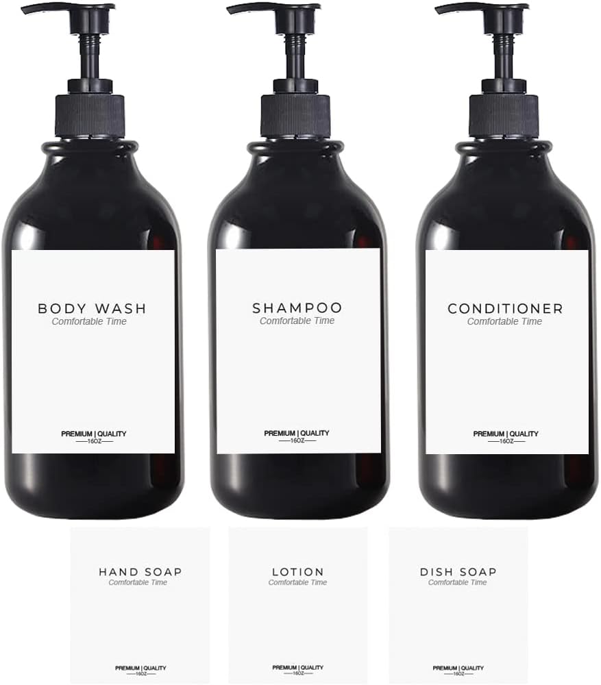 3 Pack of Shampoo and Conditioner Bottles - Apothecary Dispenser Bottle for Bathroom and Kitchen, Refillable Shampoo Bottles for Shampoo Lotion Oil Shower Soap Hand Soap and Dish Soap (Black)
