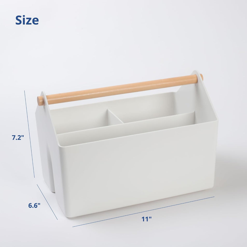 BLUE GINKGO Medium Storage Basket – Plastic Caddy with Wooden Handle for Office, Arts & Crafts, or Home Supplies (White)