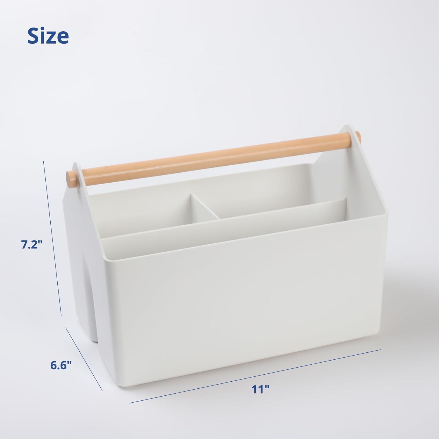 BLUE GINKGO Medium Storage Basket – Plastic Caddy with Wooden Handle for Office, Arts & Crafts, or Home Supplies (White)