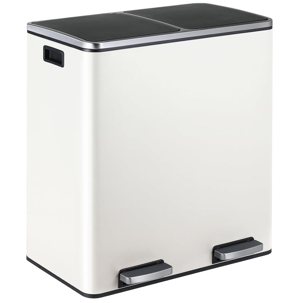 16 Gallon Rectangular Stainless Steel Trash Can, Dual Compartment Garbage Bin with Recycling Combo, Metal Dustbin Lid, Removable Liner, Indoor Hands Free Waste Bucket for Kitchen Home