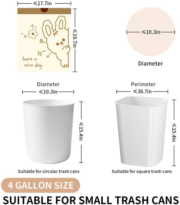 4 Gallon Trash Bags with Cute Rabbit Printed & Drawstring, Tear-Resistant Small Bathroom Garbage Bags, Heavy-Duty Trash Can Liners for Home/Office, 180 Counts
