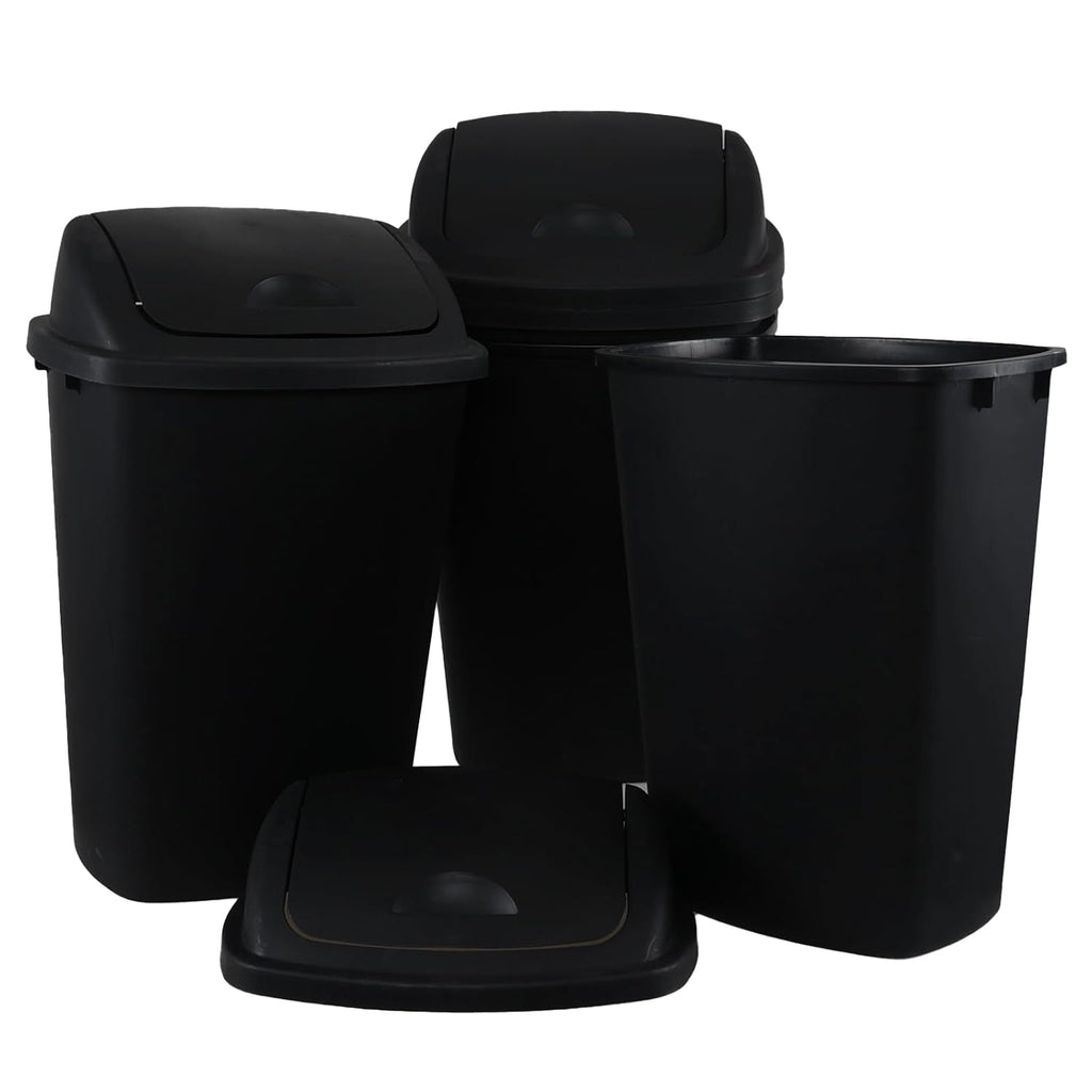 13 Gallon Swing Top Lid Garbage Cans, Large Plastic Kitchen Trash Can Set of 4, Black
