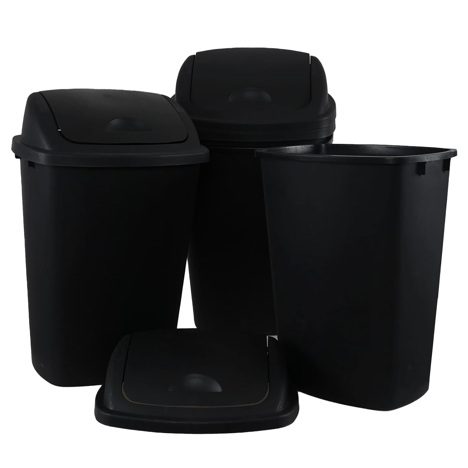 13 Gallon Swing Top Lid Garbage Cans, Large Plastic Kitchen Trash Can Set of 4, Black
