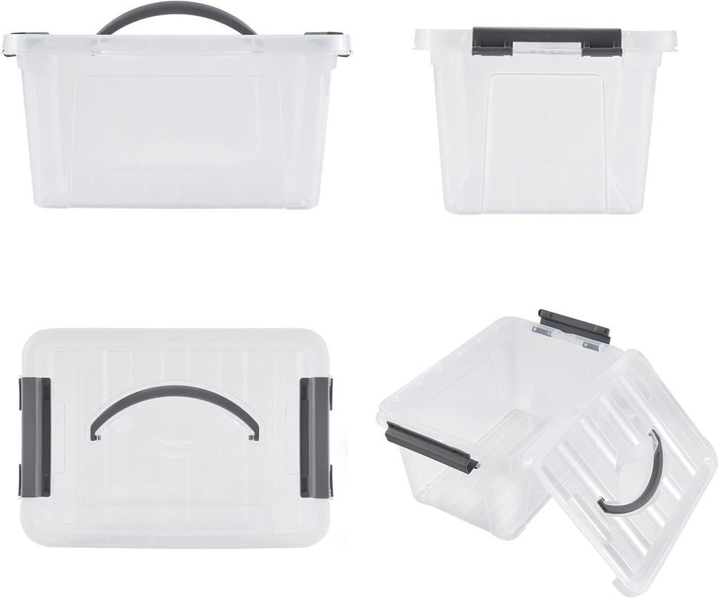 6 Quart Plastic Stackable Storage Latch Bins,Clear Latching Box with Handle and Lid,Pack of 6 (Grey Handle)