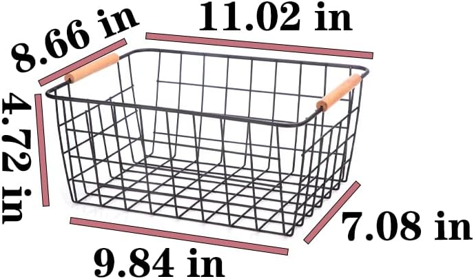 LeleCAT Wire Baskets with Wooden Handles, Wire Storage Organizer Baskets , Household Refrigerator for Cabinets, Pantry, Closets, Bedrooms - Set of 4（Black