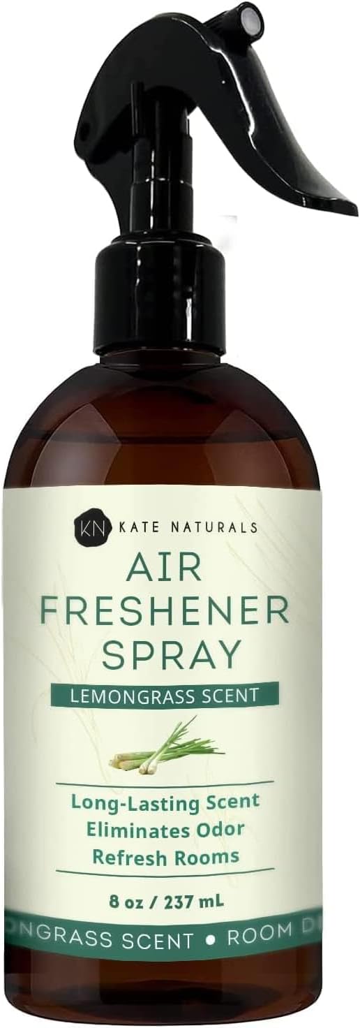 Kate Naturals Air Freshener Spray for Home. Lemongrass Essential Oil Odor Eliminator Room Freshener Spray for Pillows, Bedding, Linen (8 fl oz, Pet Safe, Non-Toxic)