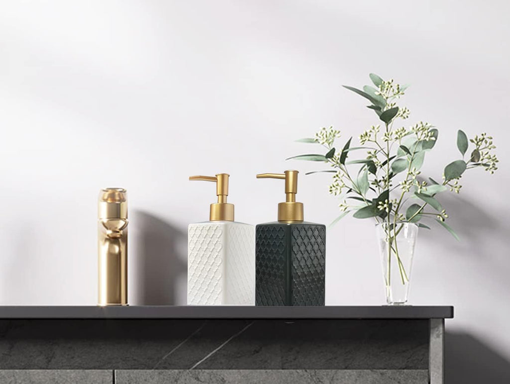 Gold Soap Dispenser for Bathroom,Retro White Square Lotion Dispenser, Refillable Countertop Ceramic Hand Soap Dispenser,Dish Soap Dispenser for Kitchen 350ml(Relief White Square Bottle)