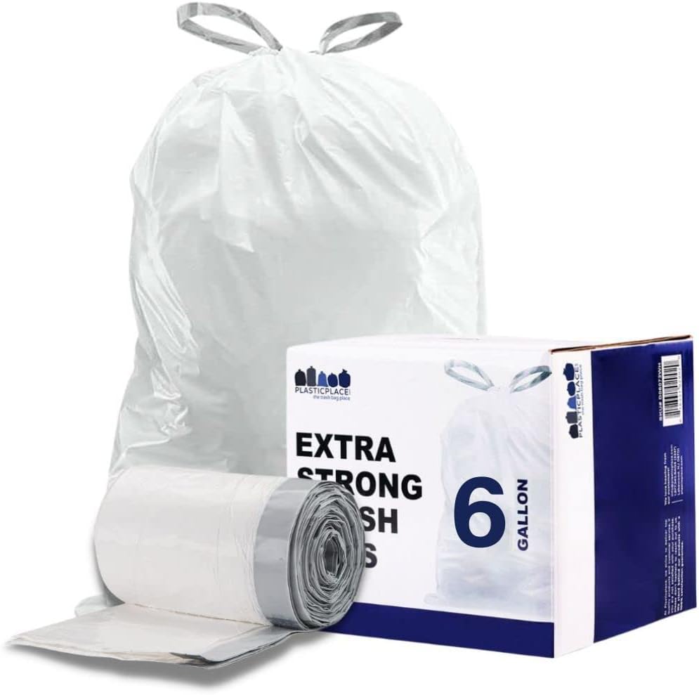 Plasticplace 6 Gallon Trash Bags White Drawstring Garbage Can Liners, 17” x 20”, 100 Count, for Bathroom Kitchen Office Car Small Trash Bags, Leak-Proof & Tear-Resistant