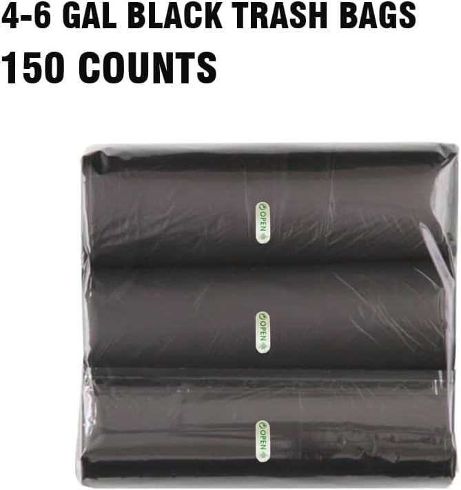4-6 Gallon Trash Bags, 150 Count Black Garbage bags, Multi-purpose Trash Can Bin Liners for Bathroom, Office, Industrial, Commercial, Janitorial, Municipal, Recycling