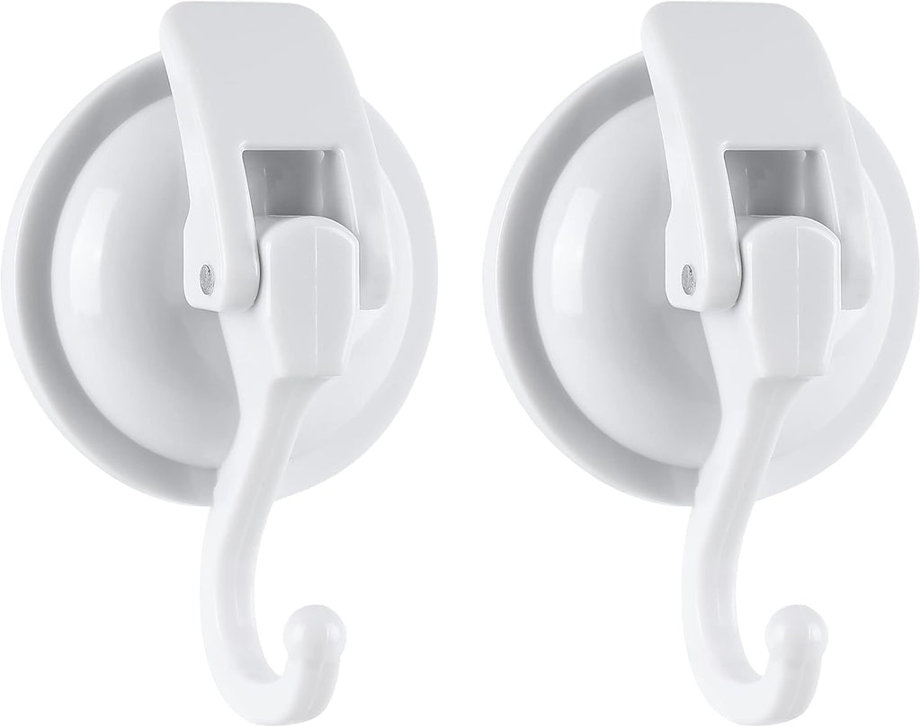 Heavy Duty Shower Suction Cup Hooks - Glass and Bathroom Robe Hangers, Reusable, No Hole Punch - White, 2 Pack