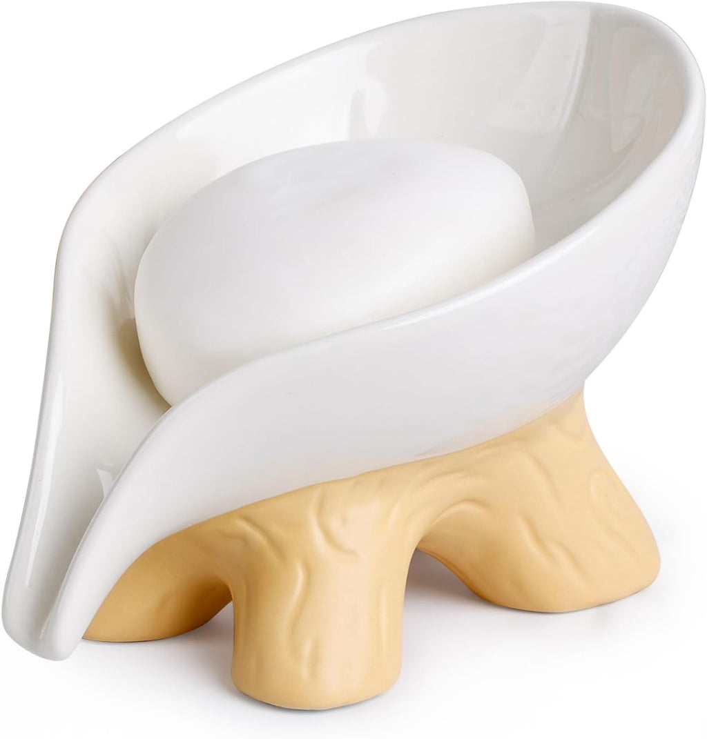 Soap Dish, Soap Holder Self Draining Leaf Shape Soap Dishes, Ceramic Draining Soap Dish for Bathroom Shower, White Farmhouse Soap Holder with Stump, ANTIS'S HOME