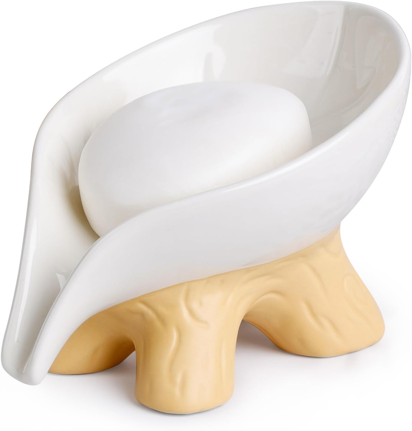 Soap Dish, Soap Holder Self Draining Leaf Shape Soap Dishes, Ceramic Draining Soap Dish for Bathroom Shower, White Farmhouse Soap Holder with Stump, ANTIS'S HOME