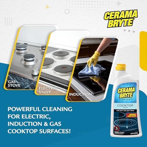 Cerama Bryte Glass Cooktop and Stove Top Cleaner Combo Kit - Includes Cleaning Tool, Razor, Scraper and 1 Pad to Remove Tough Stains - Use on Gas, Electric, Ceramic Surfaces, 10 Ounces, 4 Piece