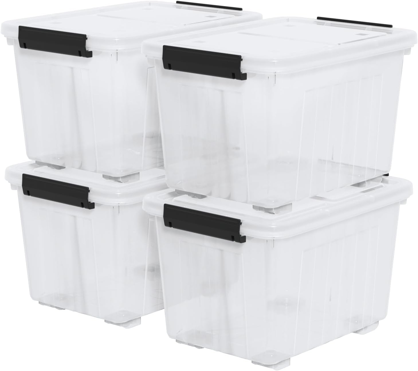 Zopnny 30 Quart Plastic Stacker Box, Large Storage Bin Container with Latching Lids and Wheels for Home and Garage Organizing, Shoes, Tools, Clear Base, 4-Pack