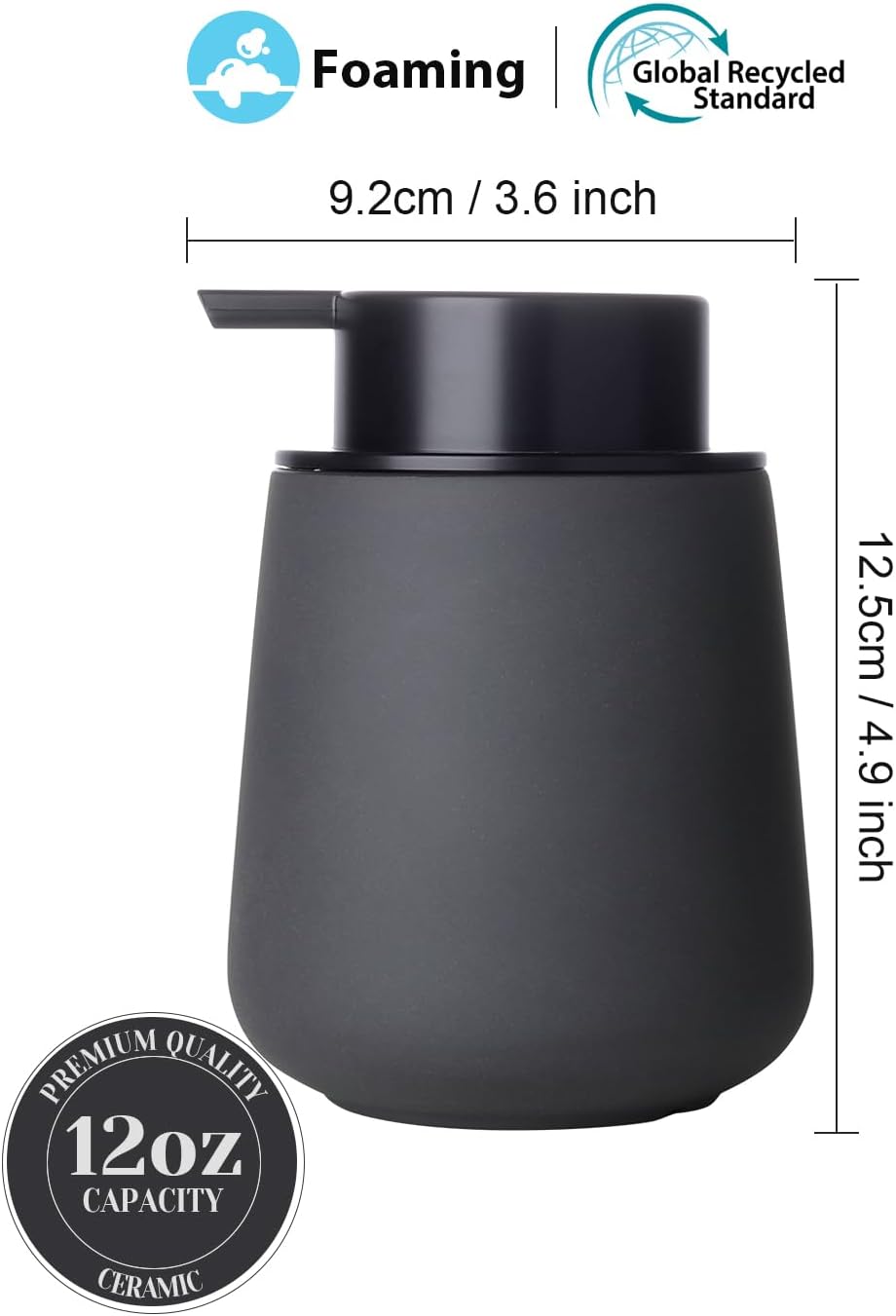 INGOFIN Ceramic Foaming Soap Dispenser - 12oz Foam Hand Soap Dispenser Bathroom, Ceramic Dish Soap Modern Dispenser with Pump for Kitchen, Matte Grey