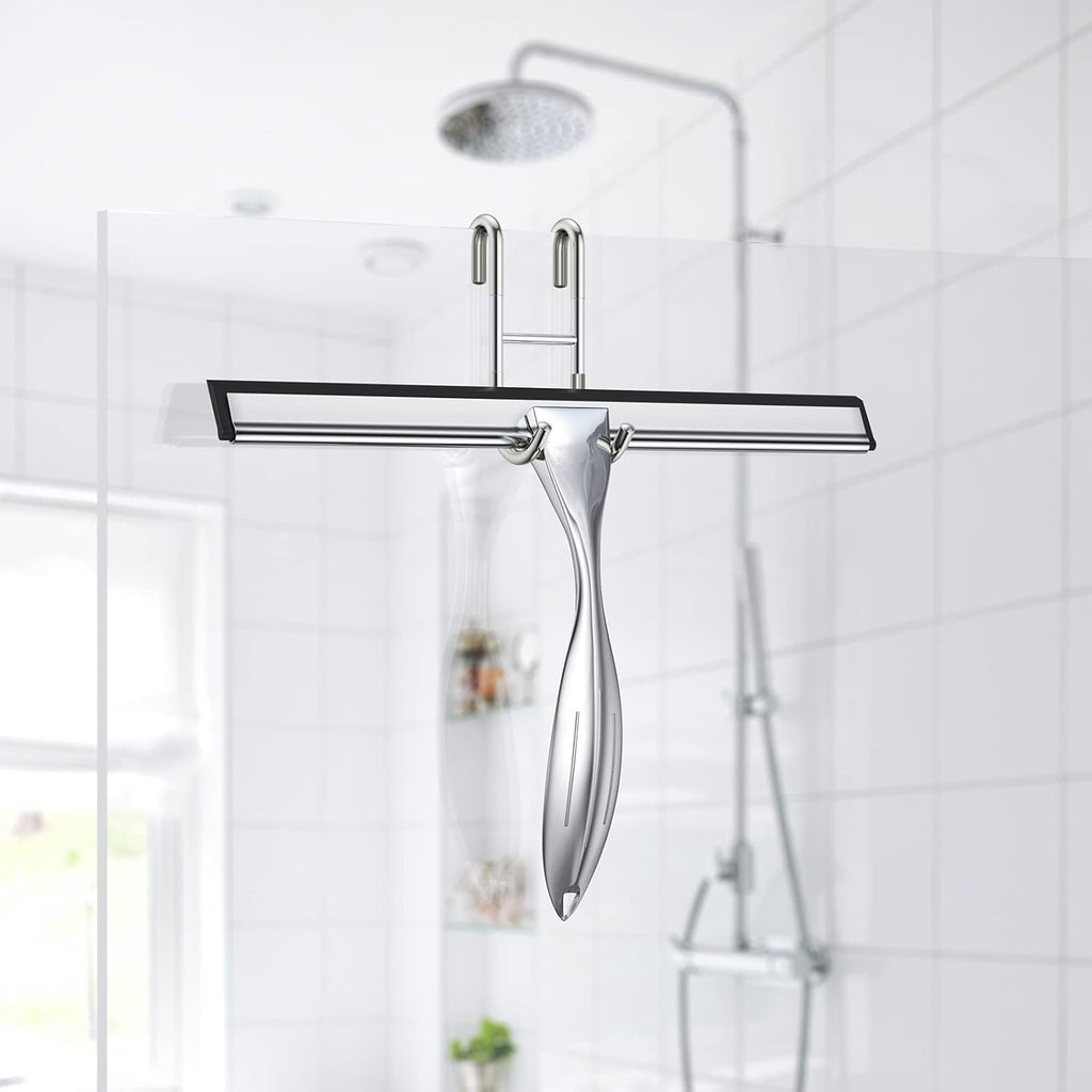 14-Inches Stainless Steel Shower Squeegee Set, Include Shower Door Hook, Adhesive Hook and Spare Silicone Blade, Window Squeegee for Shower Glass Door, Bathroom, Mirror, Window and Car Glass