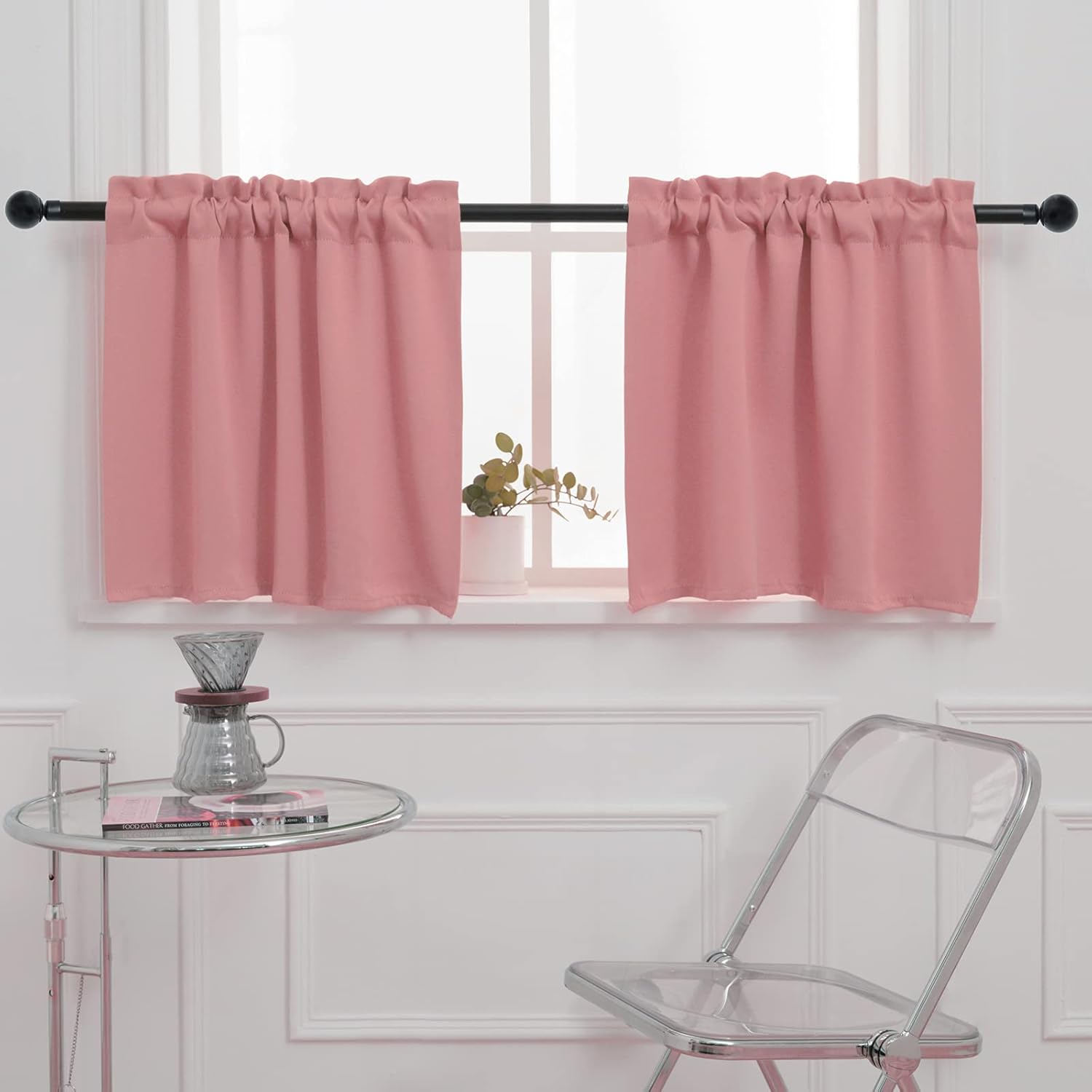 Pickluc Rod Pocket Tier Curtain - Half Blackout Curtain for Kitchen, Bathroom, Cabinet, Basement, 42 Inches Wide and 24 Inches Long, Powder Pink, 2 Panels