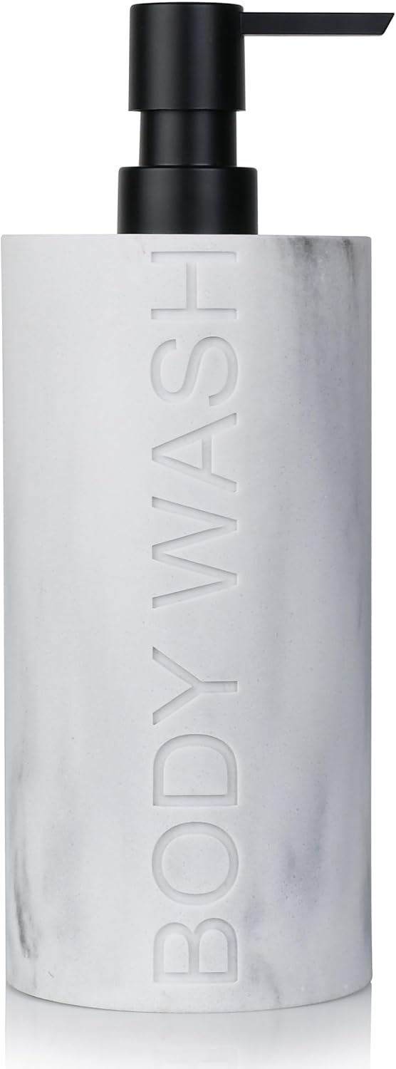 White Body Wash Dispenser Luxurious Refillable Pump Bottle with Embossed Text, Durable Construction for Bathroom and Kitchen