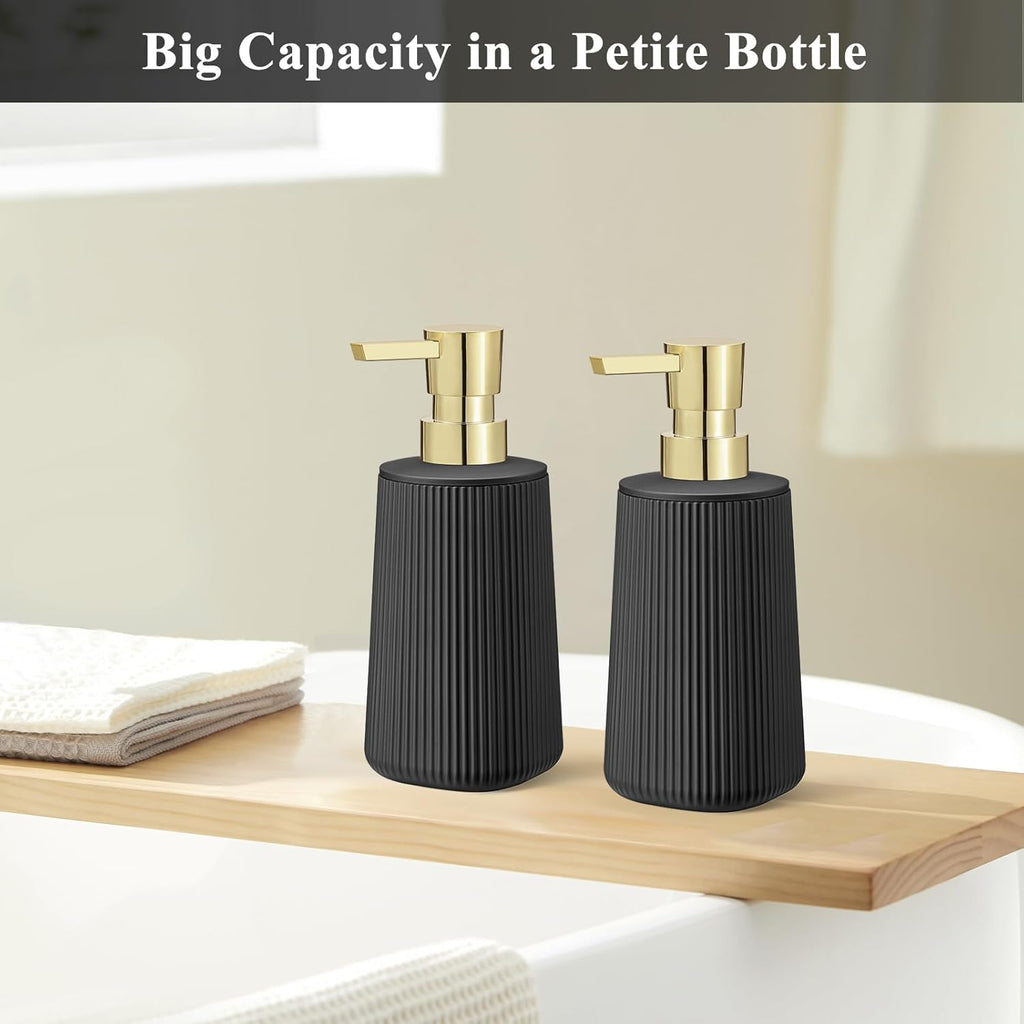 Black and Gold 2 Pack Hand Soap Dispensers with No Rust Pump for Bathroom and Kitchen Countertops Refillable Striped Matte Plastic 8.5 oz