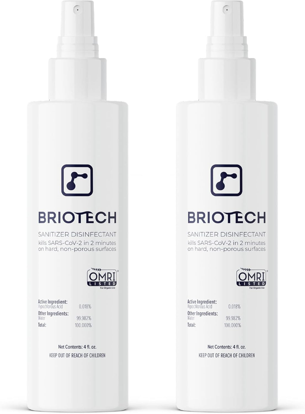 BRIOTECH Sanitizer Disinfectant Hypochlorous Spray, Kill 99.99% of Viruses & Bacteria, Control Mold, Eliminate Odor, Gentle for Nursery & Play Rooms, Food Contact Surface Sanitizer, 4 fl oz (2 Pack)