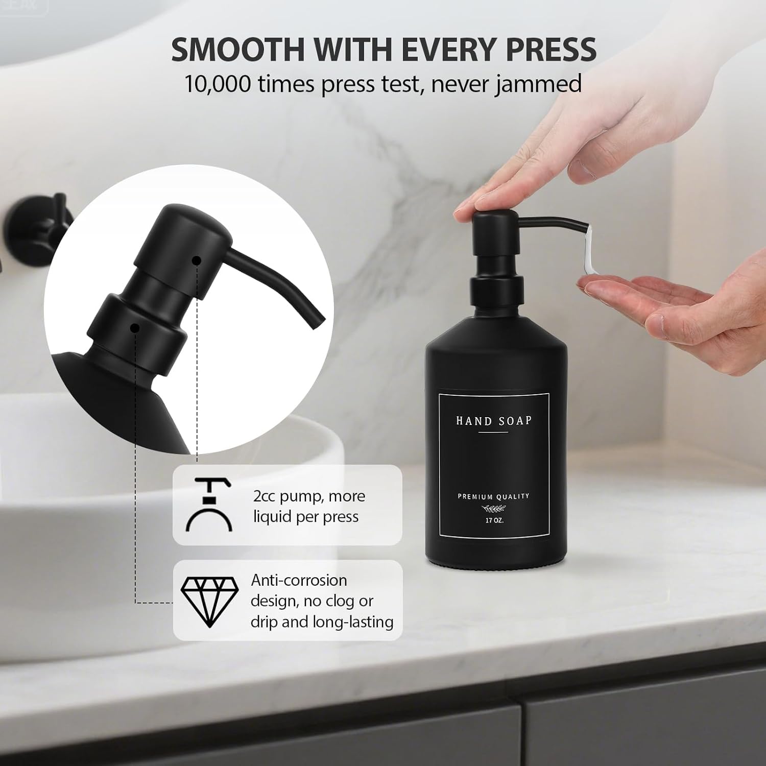 Matte Black Soap Dispenser Set, 17 OZ Hand and Dish Soap Dispenser Set, Bathroom Refillable Soap and Lotion Dispenser Set with Stainless Pump, Modern Liquid Soap Bottle Set(Black Bottle/Black Pump)