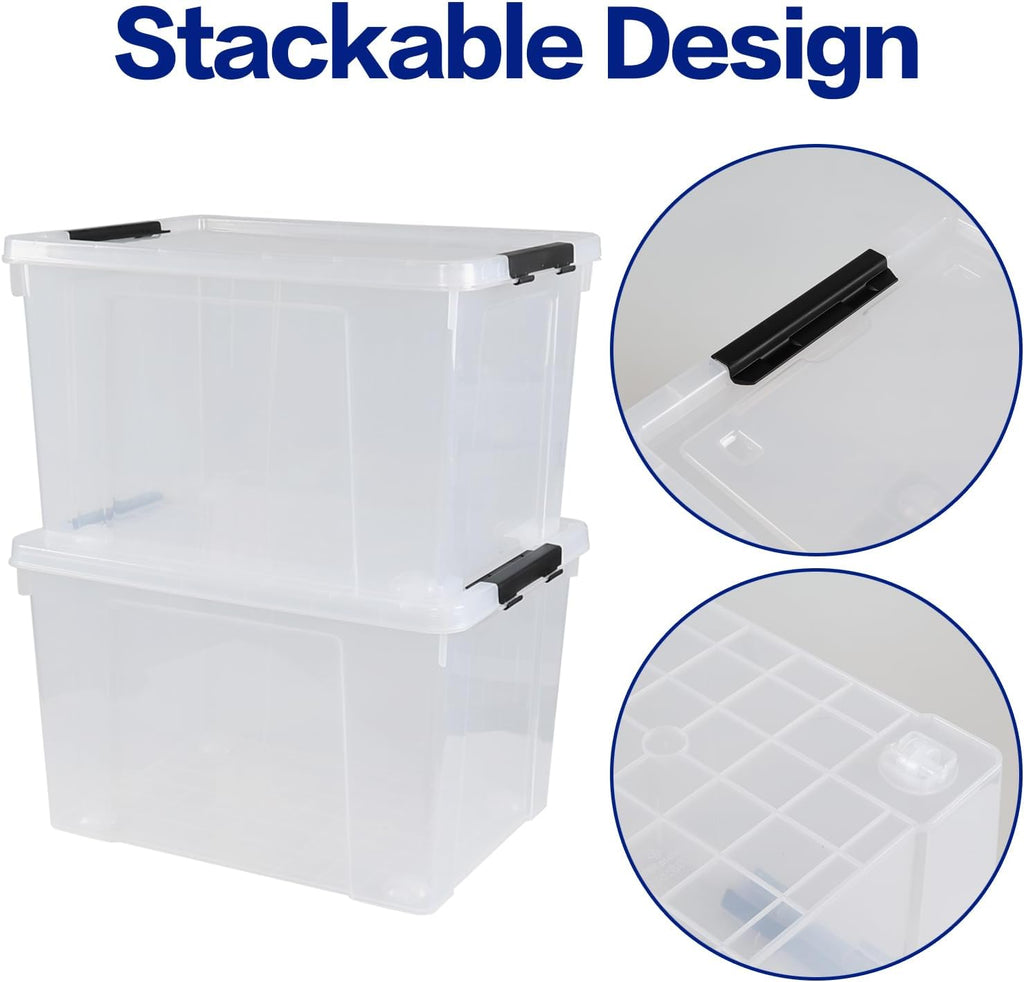 50 L Large Plastic Storage Bins with Latching Lids and Wheels, 4-Pack Clear Stackable Boxes for Closet, Garage