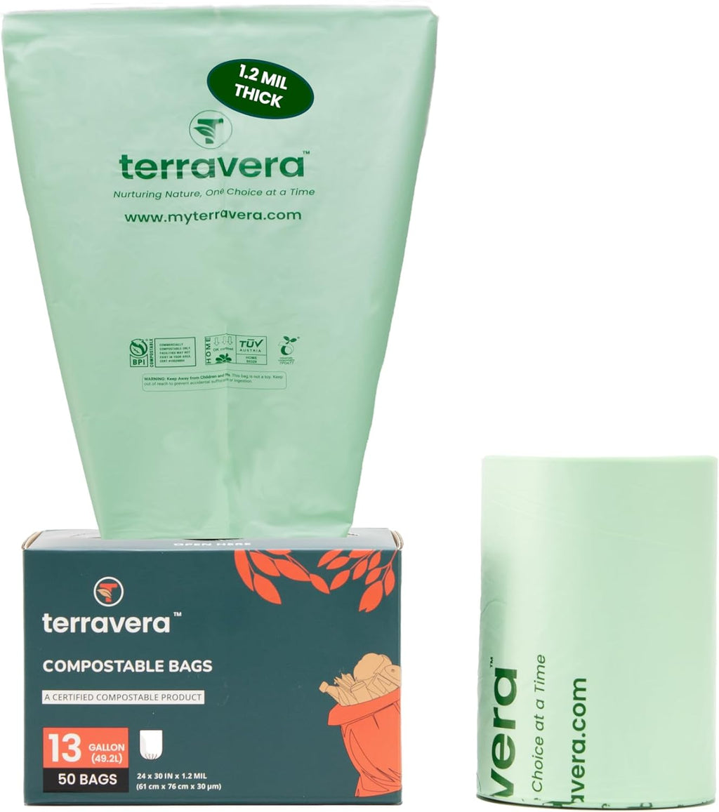 Compostable Trash Bags Bin Liners | BPI & OK Home Certified ASTM D6400 Standards | Heavy Duty Kitchen & Yard Waste Bags (13 Gallon Flat Top, 50 Count)