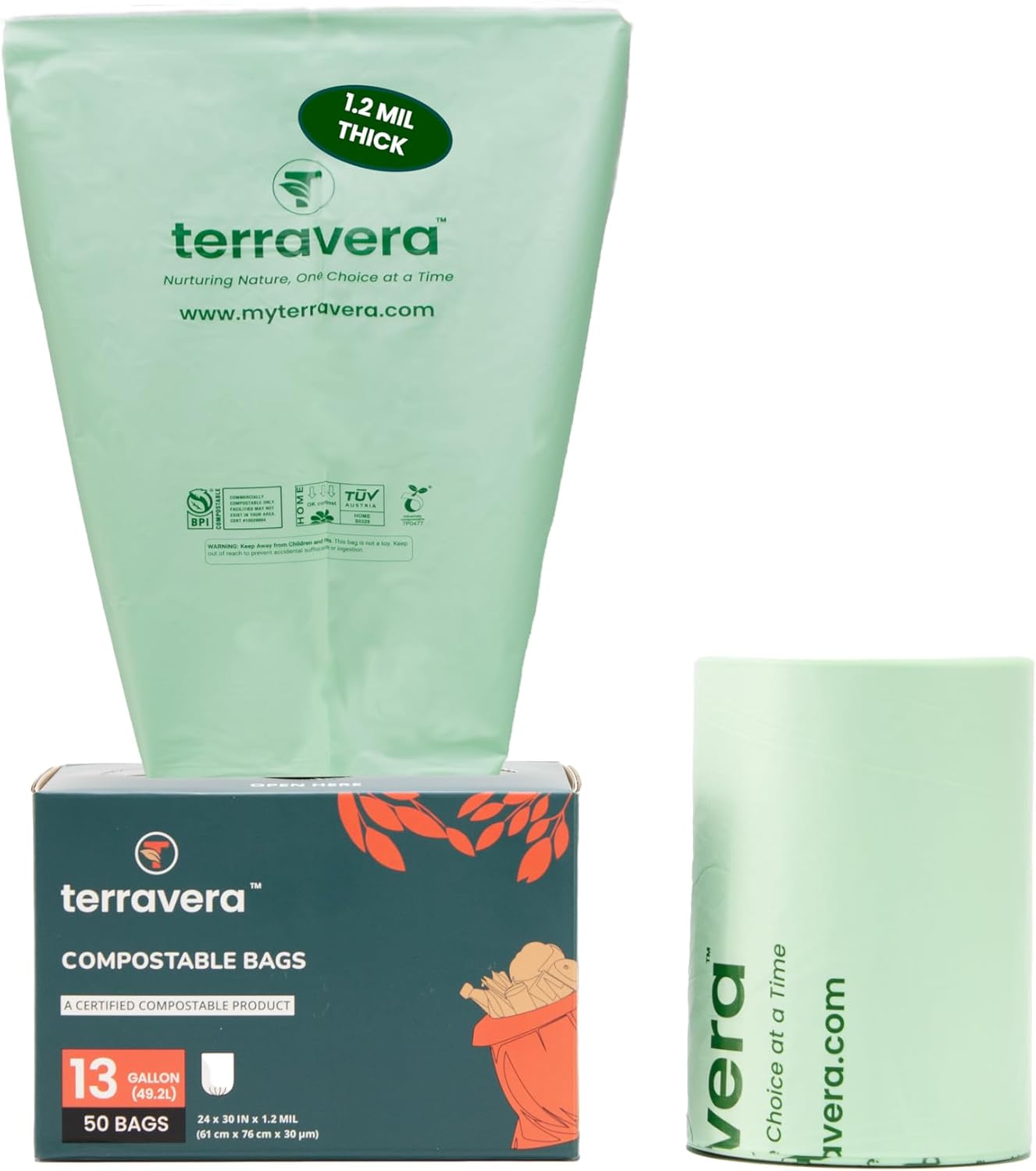 Compostable Trash Bags Bin Liners | BPI & OK Home Certified ASTM D6400 Standards | Heavy Duty Kitchen & Yard Waste Bags (13 Gallon Flat Top, 50 Count)