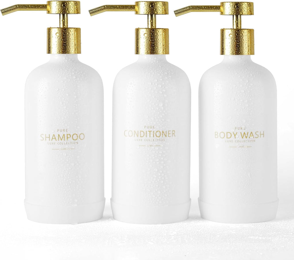 Shampoo and Conditioner Dispenser Set of 3,Refillable 20.5OZ Shampoo Bottles with Non-Slip Protective Silicone Pad,Shower Soap Dispenser with Waterproof Labels for Bathroom (White)