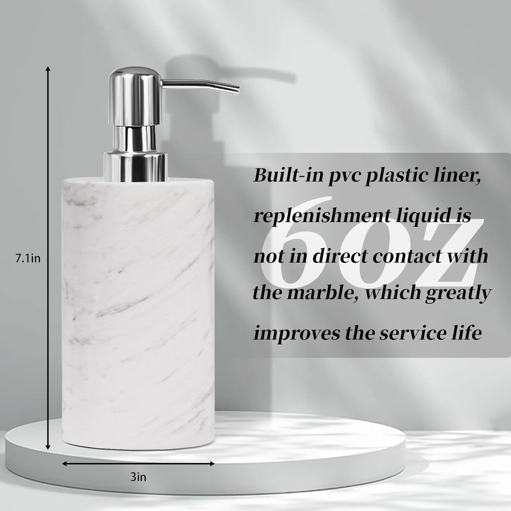 Marble Soap Dispenser with Stainless Steel Pump, White Hand Liquid Soap Dispenser, 6 Ounces for Bathroom