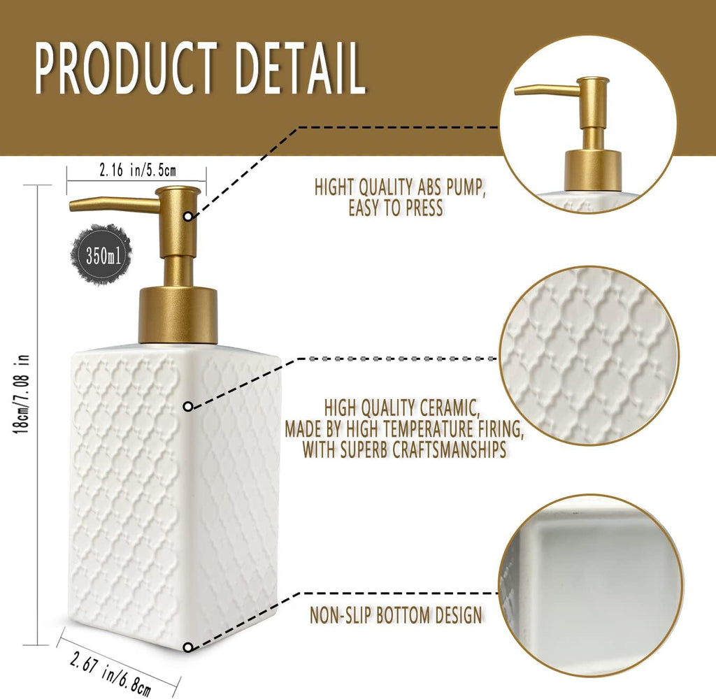 Gold Soap Dispenser for Bathroom,Retro White Square Lotion Dispenser, Refillable Countertop Ceramic Hand Soap Dispenser,Dish Soap Dispenser for Kitchen 350ml(Relief White Square Bottle)