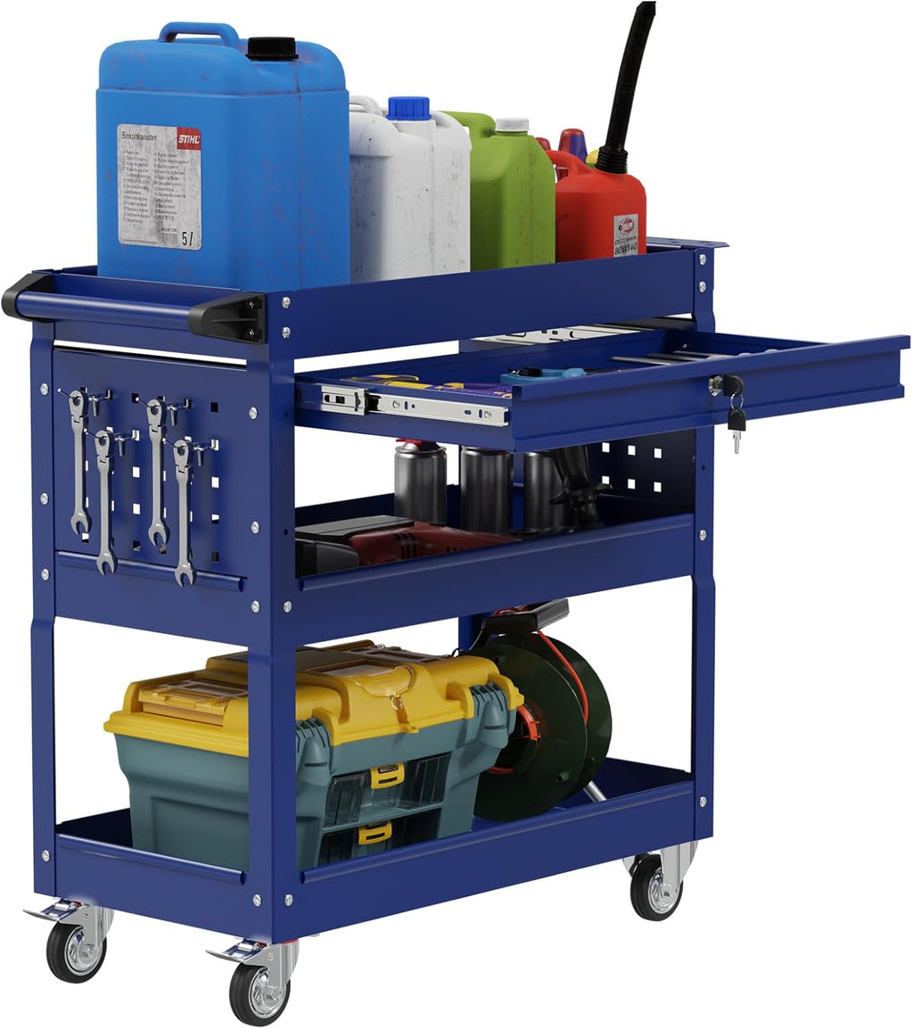 3 Tier Heavy Duty Tool Cart, Mechanic Metal Rolling Tool Carts Work Cart with Locked Drawers & Pegboard for Garage Workshop