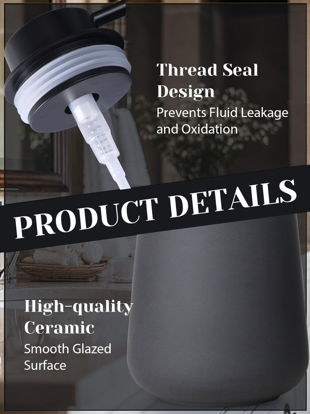 INGOFIN Ceramic Lotion Dispenser - 12oz Refillable Hand Soap Dispenser Bathroom, Modern Liquid Soap Dispenser with Pump, Dish Dispenser for Kitchen, Matte Grey