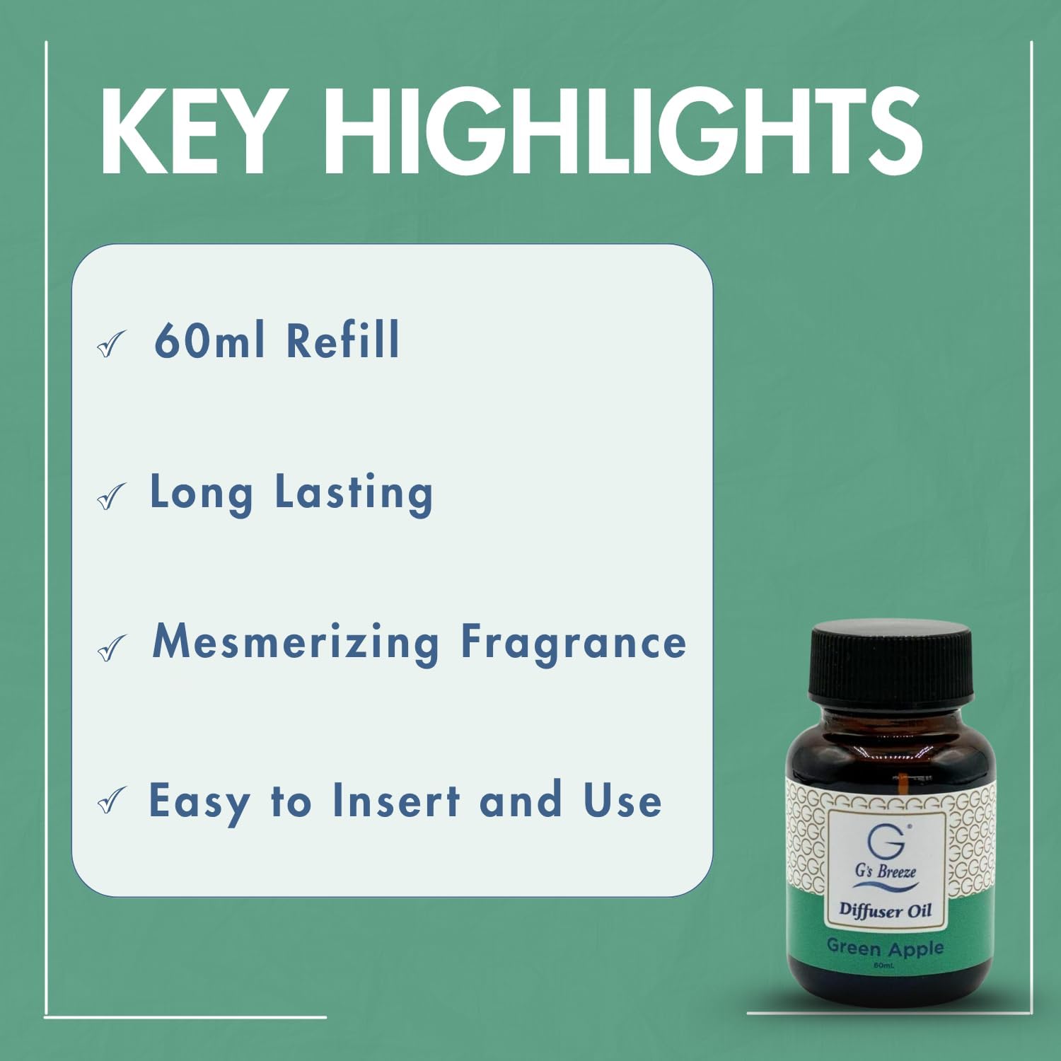 G's Breeze Green Apple Diffuser Oil Refill - Scent of Crisp Apple Fruit - Transform Any Space with Invigorating Fragrance – Ideal for Home & Office – Long-Lasting Freshness Aroma - 60 ML