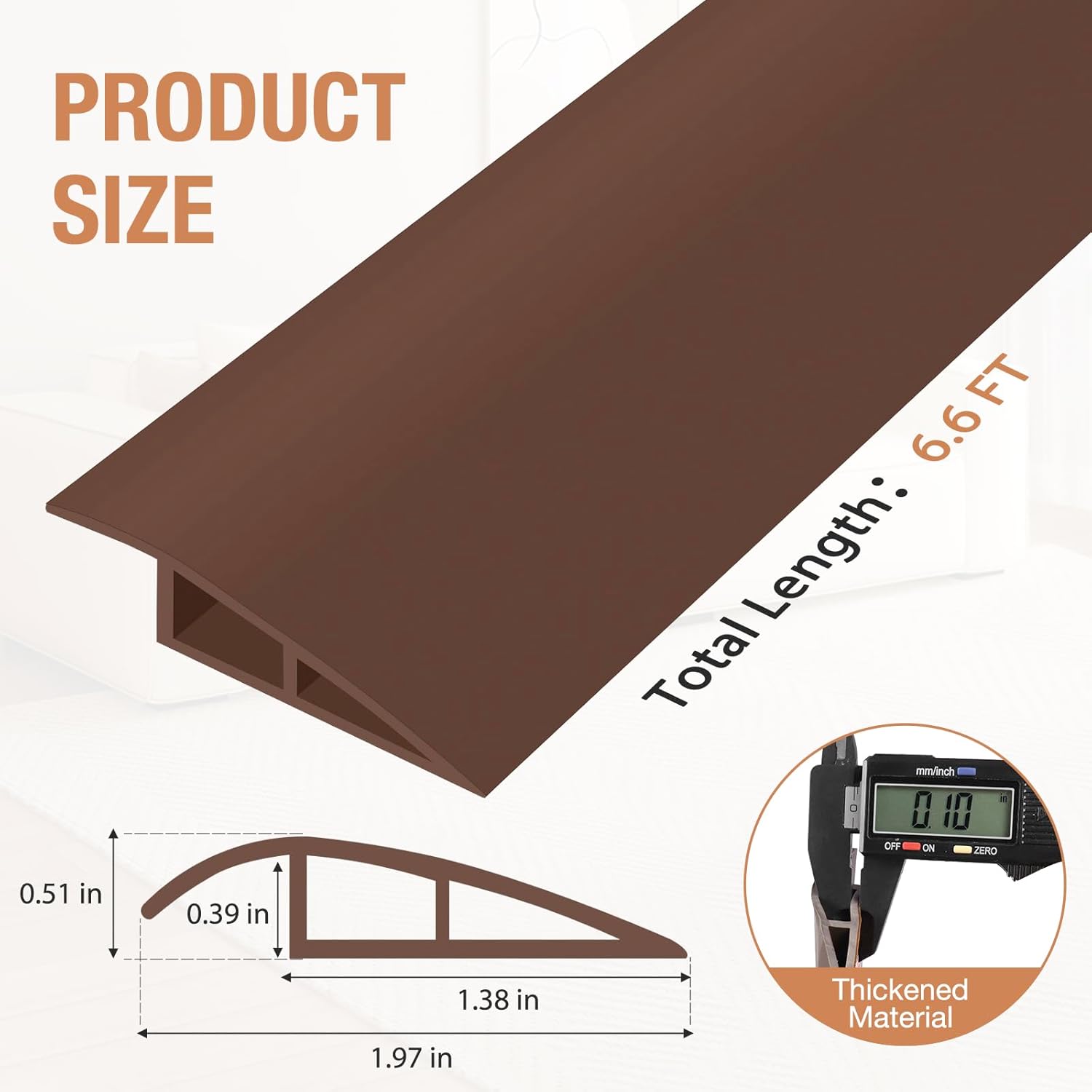 Floor Transition Strip Self Adhesive Vinyl Door Threshold for Doorways Carpet Edging Trim Overlap Edge Reducer for Laminate Floor, Carpet, Tile (Brown, 1/5" to 2/5", 6.6Ft)