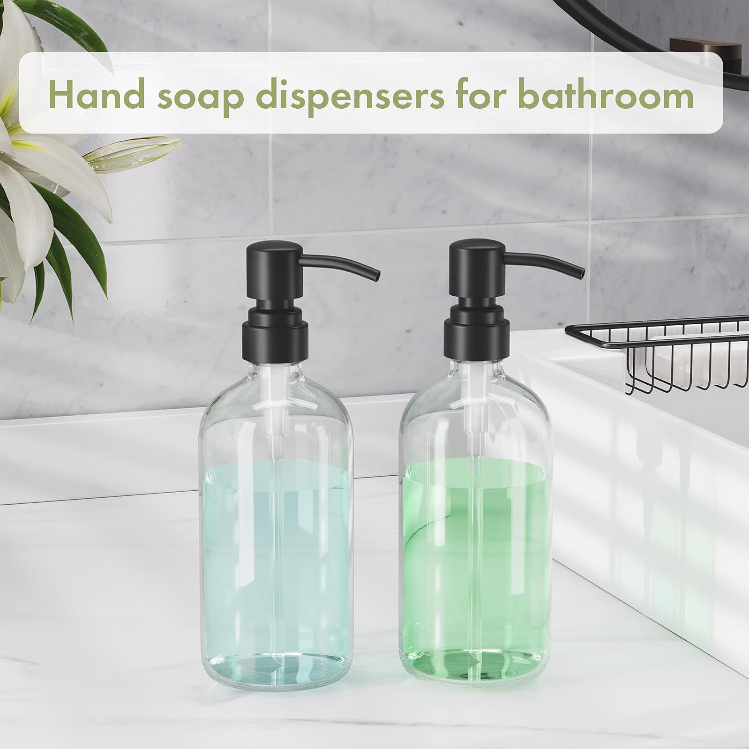 AmazerBath Soap Dispenser, 2 Pack Glass Soap Dispenser with Stainless Steel Pump, 17 Oz Bathroom Hand Soap Dispensers Bottle for Bathroom & Kitchen, Clear & Black