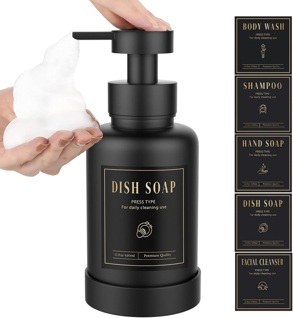 Luxspire Foaming Soap Dispenser, Glass Foam Pump Soap Dispenser, Non-Slip Hand Soap Dispenser with 5 Waterproof Labels, 15 Oz Refillable Liquid Soap Dispenser for Bathroom & Kitchen, Black, 1 Pack