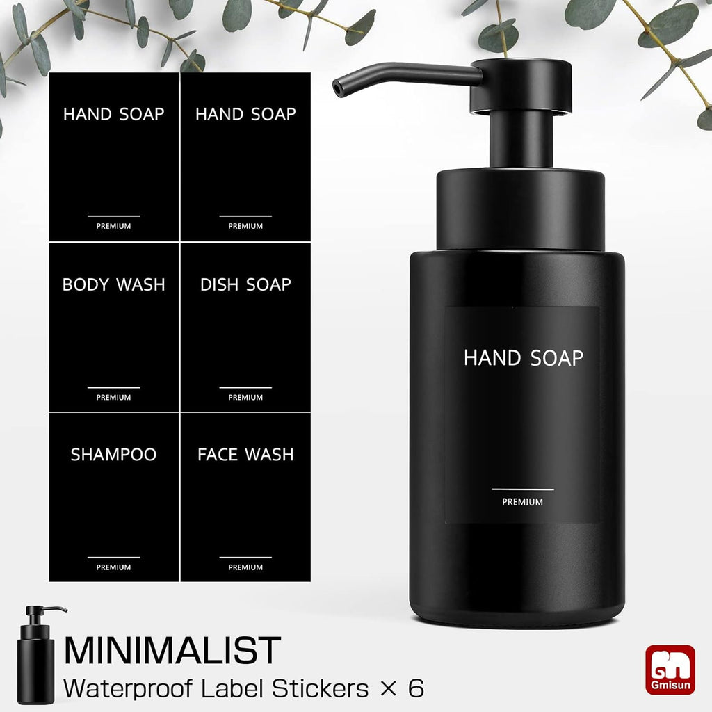 GMISUN Foaming Soap Dispenser, 10 Fl oz/300 ml Matte Black Glass Foaming Hand Soap Dispenser, 2Pcs Hand Soap Dispensers for Bathroom & Kitchen, Refillable Foam Soap Pump Bottle with Waterproof Labels