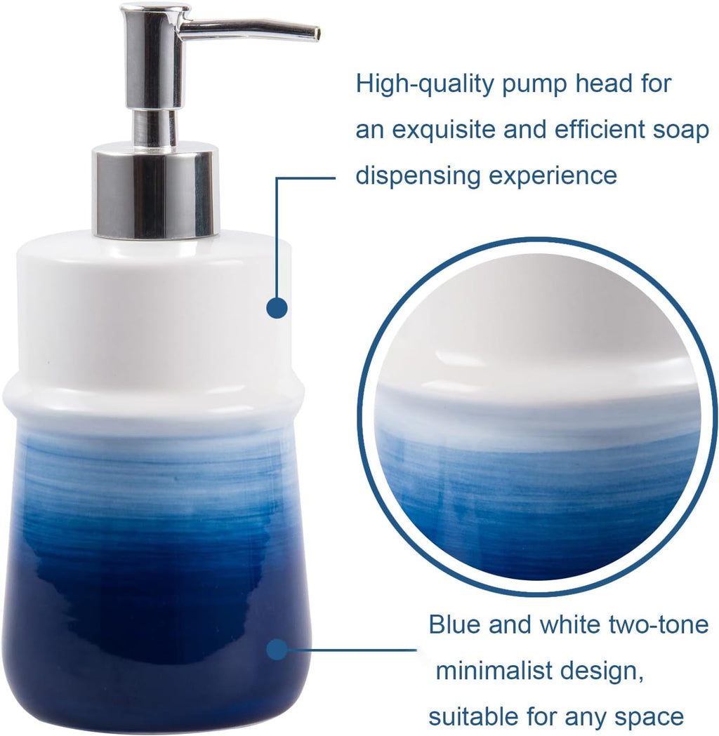 Navy Blue Ceramic Soap Dispenser for Kitchen, Refillable Hand Dispenser with Rust Proof Stainless Steel Pump, 12Oz Lotion Dispenser Bathroom for Dish Soap, Hand soap.