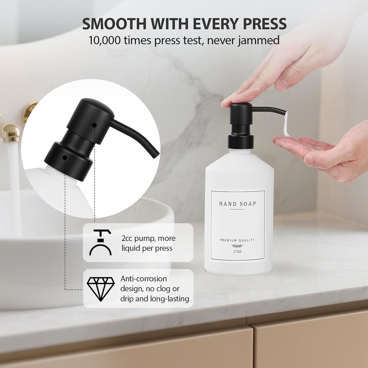 White Glass Kitchen Soap Dispenser Set, 17 OZ Hand and Dish Soap Dispenser Set with Rustproof Stainless Pump, 14 Waterproof Labels, Non-Slip Tray, Modern Bathroom Accessories(White Bottle/Black Pump)