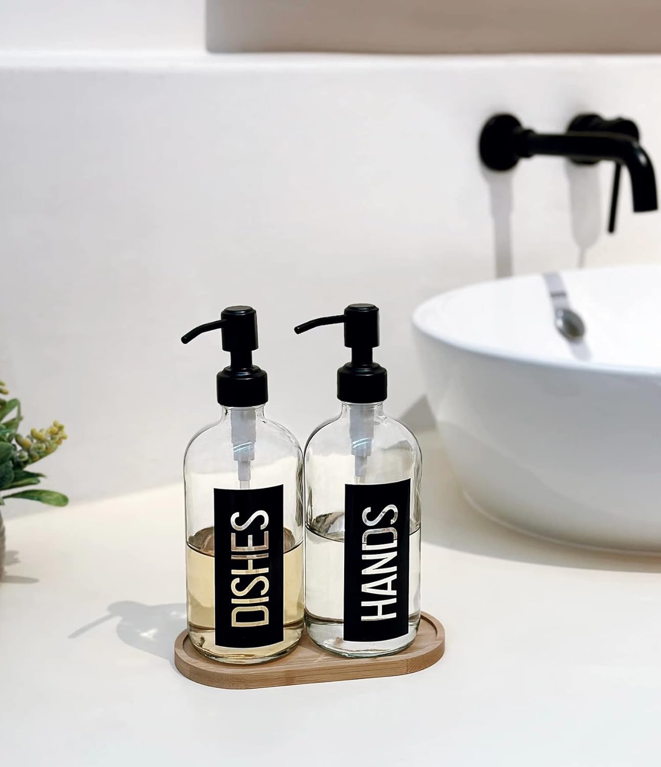 JASAI 2Pack 18OZ Glass Soap Dispenser, Black Stainless Steel Pump, Kitchen Dispenser with Classy Label, Refillable for Dishes