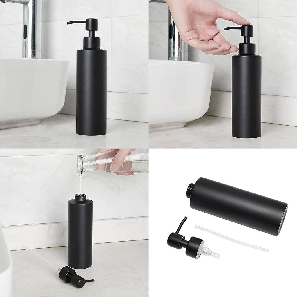 Soap Dispenser, Matte Black with Funnel and Non-Slip Coaster 304 Stainless Steel Metal Pump Hand Sanitizer Bottle for Bathroom, and Kitchen (12oz/350ml)