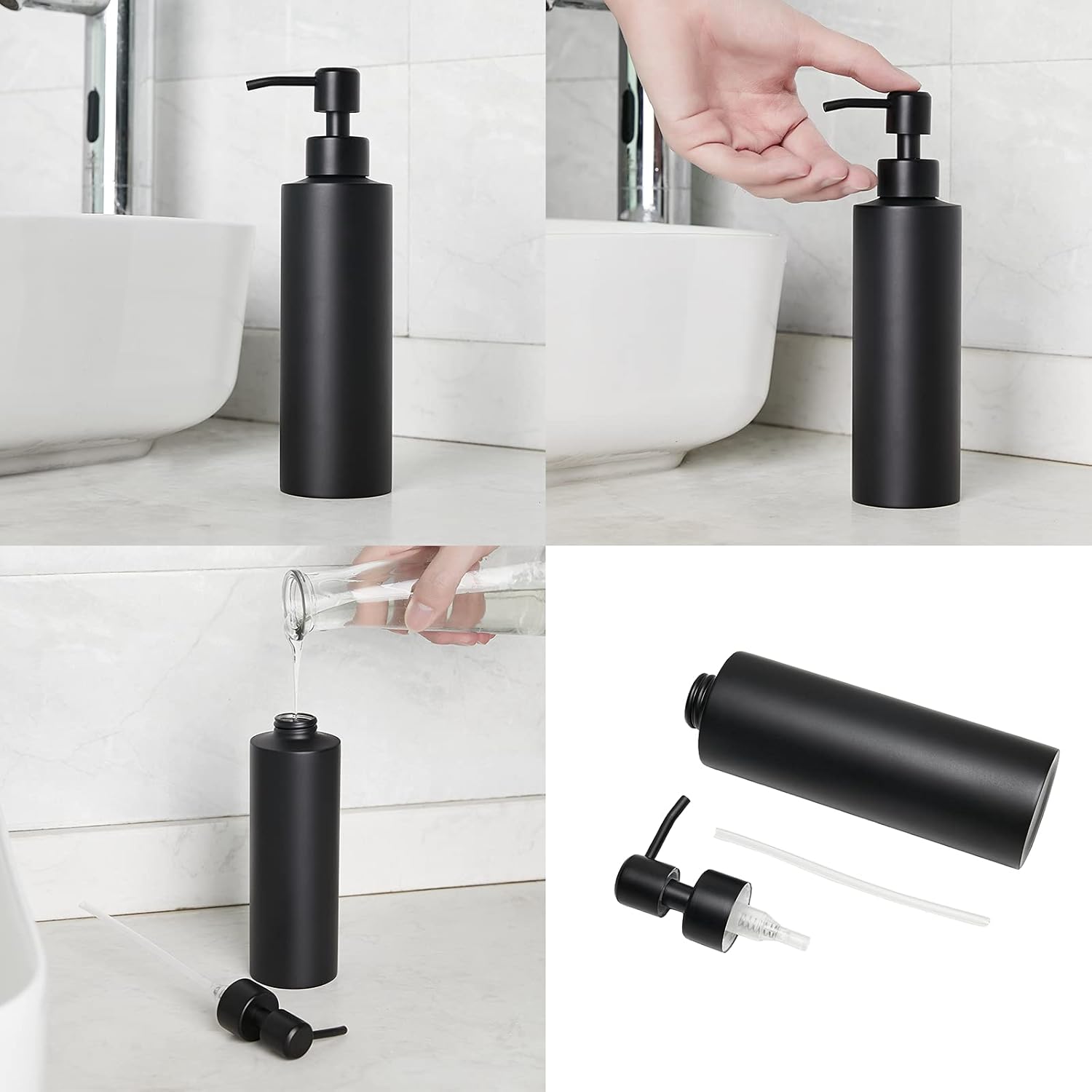 Soap Dispenser, Matte Black with Funnel and Non-Slip Coaster 304 Stainless Steel Metal Pump Hand Sanitizer Bottle for Bathroom, and Kitchen (12oz/350ml)