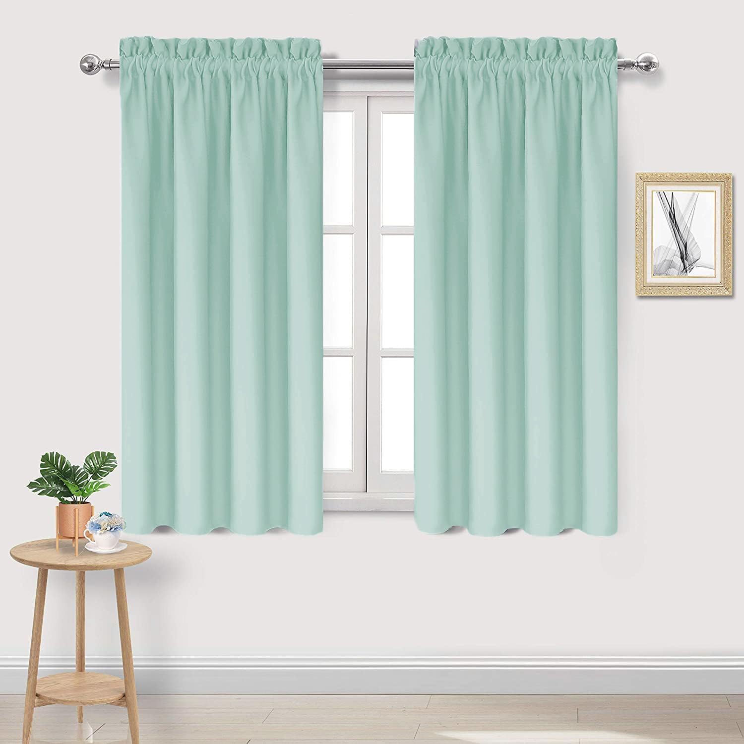 DWCN Blackout Curtains for Living Room Thermal Insulated, Energy Saving & Noise Reducing Bedroom Curtains, Mint Green, W 42x L 45 Inch, Set of 2 Rod Pocket Curtain Panels