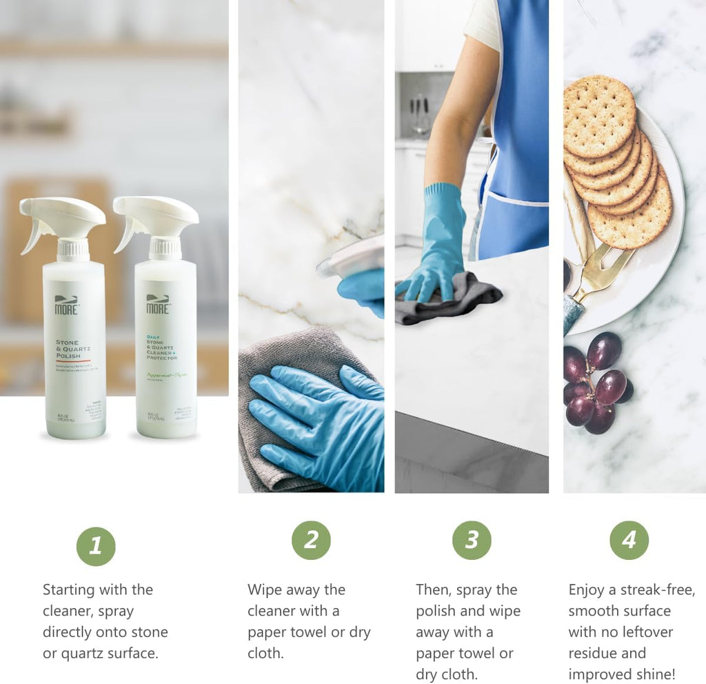 MORE - Twin Pack - Includes Stone & Quartz Cleaner + Polish - Granite, Quartz & Marble Cleaner & Polish - For Kitchen & Bathroom Countertops - Pack of 2 16oz Sprays - Peppermint-Thyme
