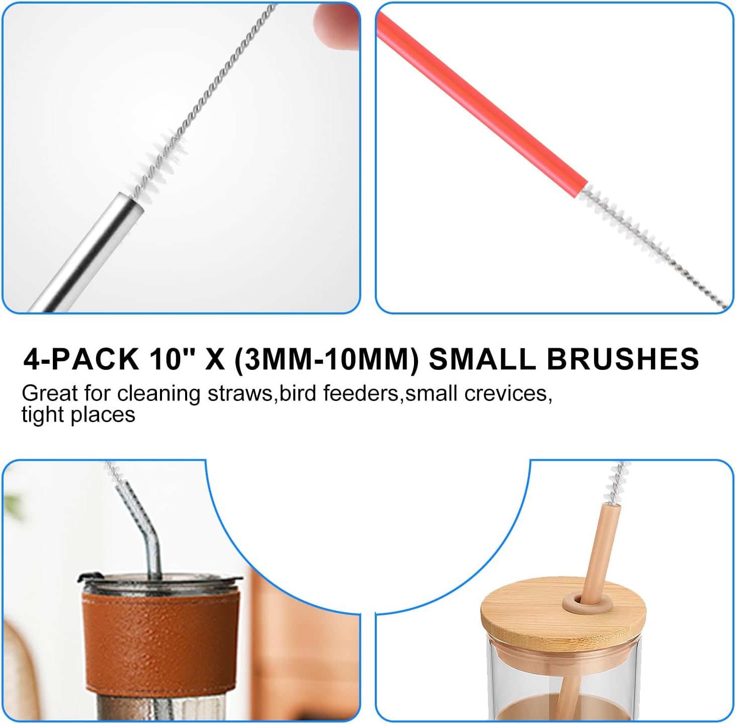 8 Pack Straw Brush Cleaner with Different Diameters (3mm-30mm) - 12" Long Nylon Brush for Water Bottles, Baby Bottles, Sippy Cups & Tumblers | Reusable Tube Cleaner for Straws and Narrow Pipes